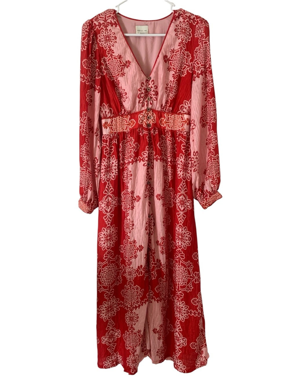 Adelyn Rae Red Pink Mandala Long Sleeve Button Front Maxi Dress Size Small S